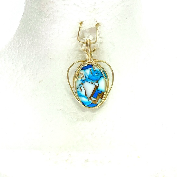 HANDCRAFTED Blue Dahlia Cabochon Hand Wrapped Pendant, Artisan Jewelry Gift Her - Picture 8 of 9